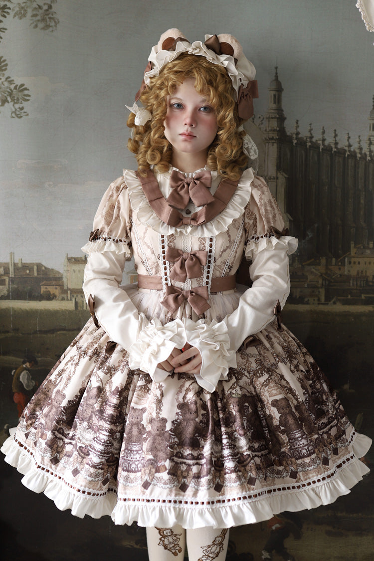 Brown [Teddy Bear Party] Round Collar Short Sleeves Printed Ruffled Bow Daily Sweet Lolita Dress - Brown - 1