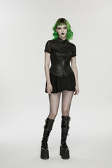 Black Lapel Collar Short Sleeves Lace-Up Mesh Eyelet Women's Punk Blouse - Product - 6