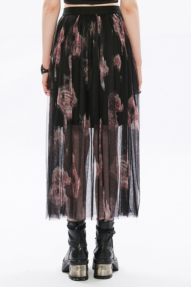 Rose Print Embroidery Stitching Lace Sheer Mesh Women's Gothic Skirt 2 Color - Product - 4