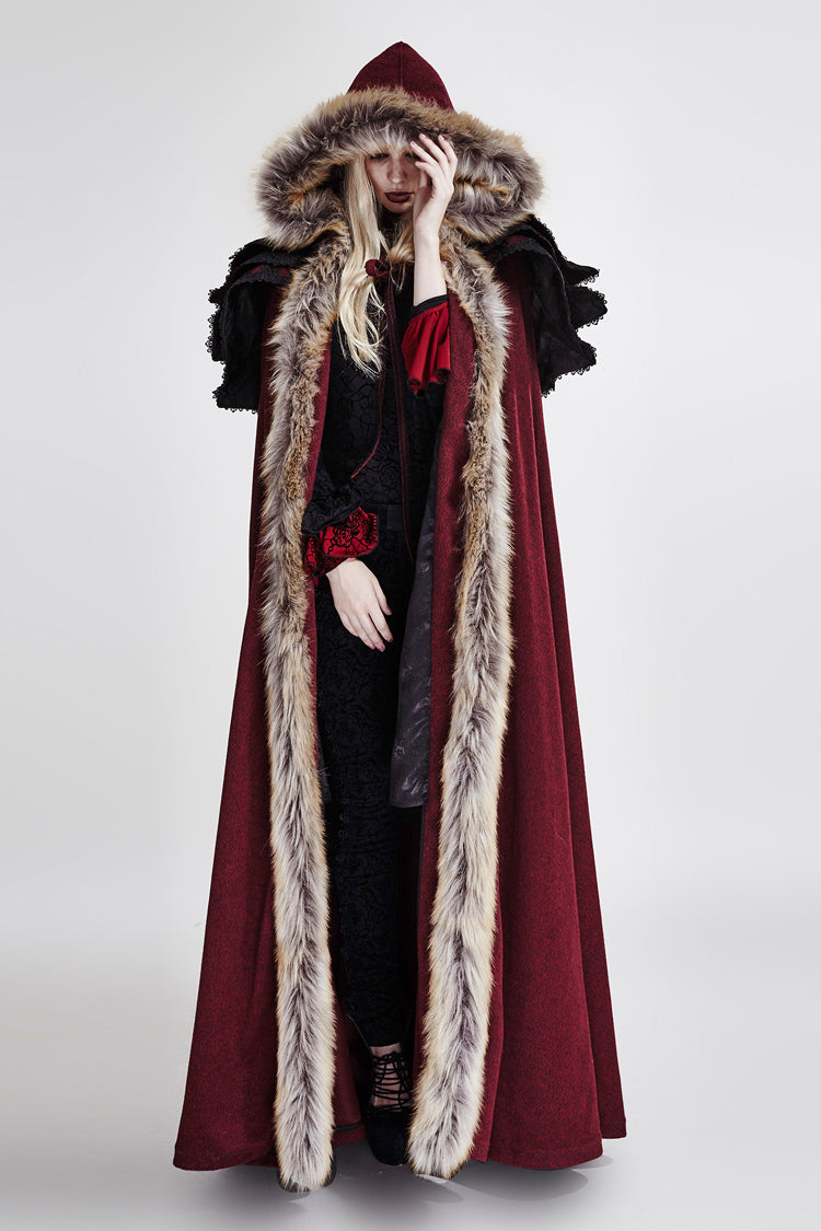 Red Hooded Fur Collar Wool Long Womens Gothic Coat Cloak - Product - 2