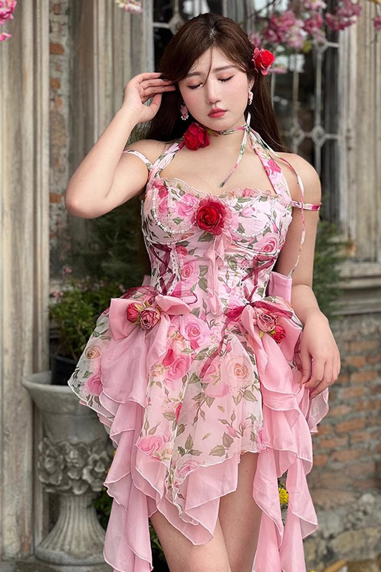 Pink Multi-Color Rose Print Sleeveless Short Version Sweet Lolita Strapless Dress - Product - 2