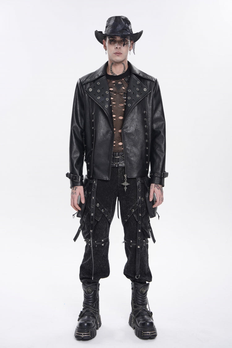 Black Lapel Collar Long Sleeves Studded Buckled Zippered Eyelet Women's Punk Jacket - Product - 2