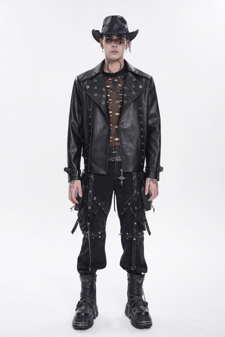 Black Lapel Collar Long Sleeves Studded Buckled Zippered Eyelet Women's Punk Jacket - Product - 2