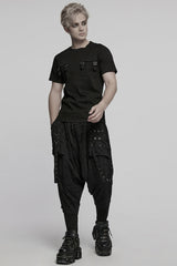 Black Round Collar Short Sleeves Pocket Denim Men's Punk T-Shirt - Product - 4