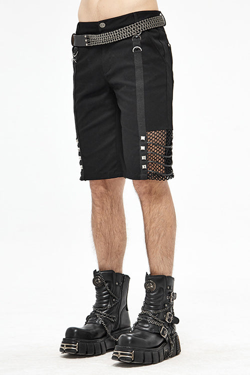 Black Punk Rough Rope Mesh Spliced Mens Fifth Pants - Product - 2