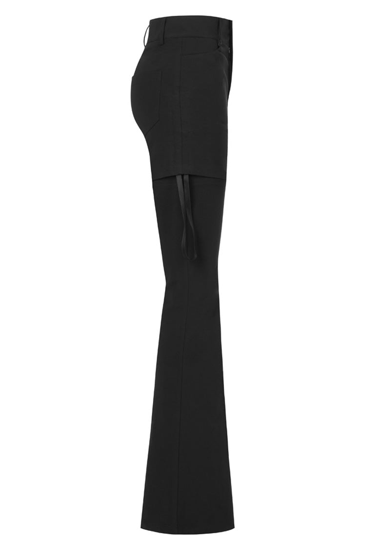 Black Side Open Drawstring Design Sexy Elastic Women's Punk Flared Pants - Product - 6