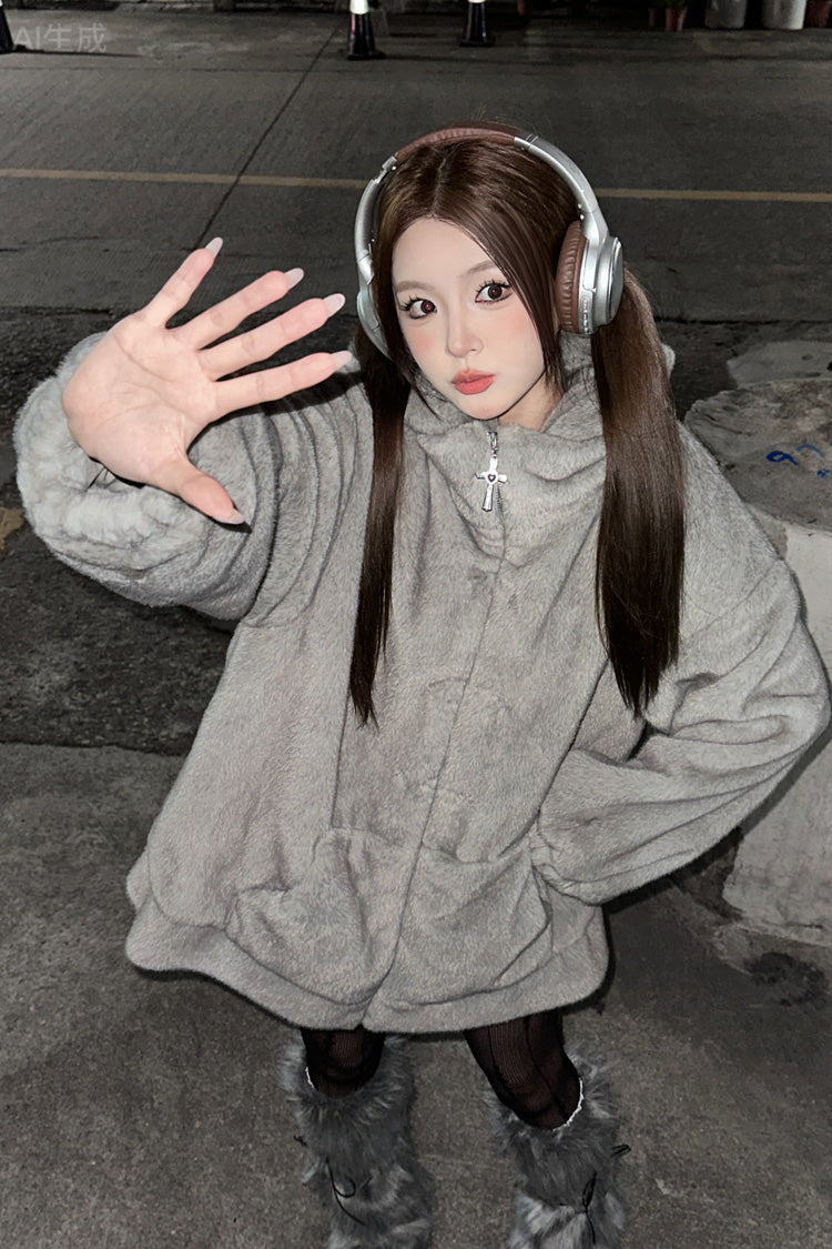 Grey Long Sleeves Mouse Ears Hooded Zippered Gothic Jirai Kei Coat - Product - 2