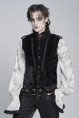 Black Stand Collar Sleeveless Jacquard Embroidered Buckled Pleated Men's Gothic Vest - Product - 1