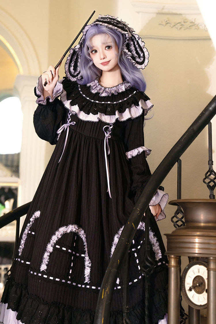 Black [Twin Lilian] Round Collar Long Sleeves Double-Layered Ruffled Bow Lace-Up Gothic Lolita Dress - Product - 13