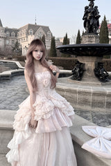 Pink Boat Neck Ruffled Bow Sweet Princess Lolita Dress - Product - 5