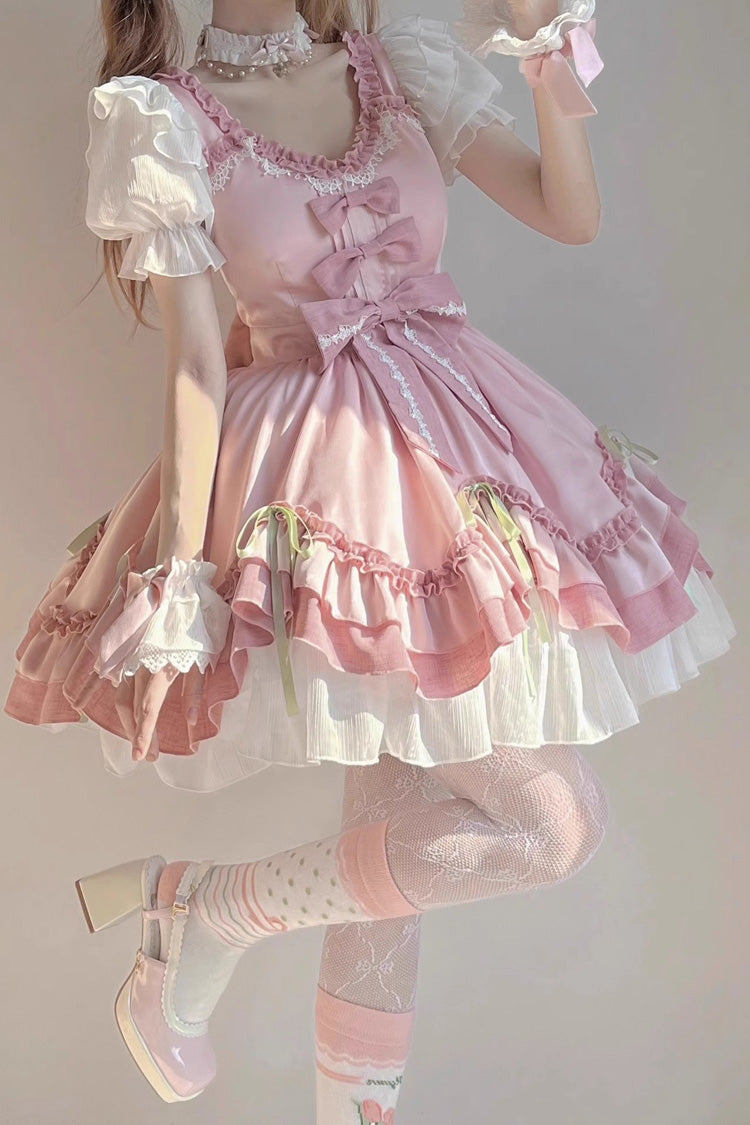 White/Pink Short Sleeves Ruffle Bowknot Princess Sweet Lolita OP Dress - Product - 3