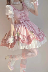 White/Pink Short Sleeves Ruffle Bowknot Princess Sweet Lolita OP Dress - Product - 3