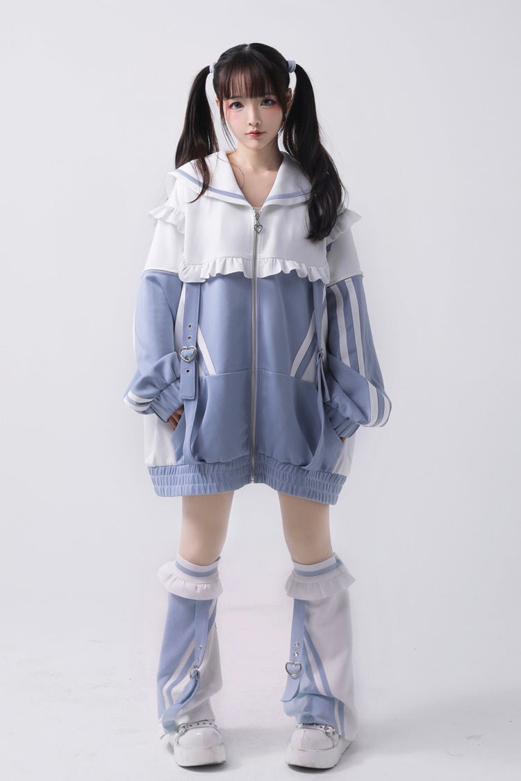 Jirai Kei Long Sleeves Ruffle Color Matching Zipper Coat 3 Colors - White/Blue - 1