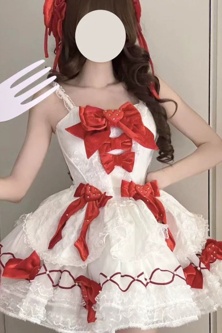 White/Red [Jasmine Rain] Strawberry Square Collar Sleeveless Triple-Layered Jacquard Bow Sweet Lolita Jsk Dress - Product - 4