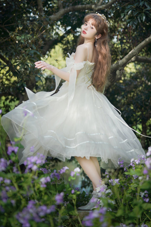 Beige Small Ballet High Waisted Bowknot Chiffon Long Version Sweet Lolita JSK Dress - Product - 10