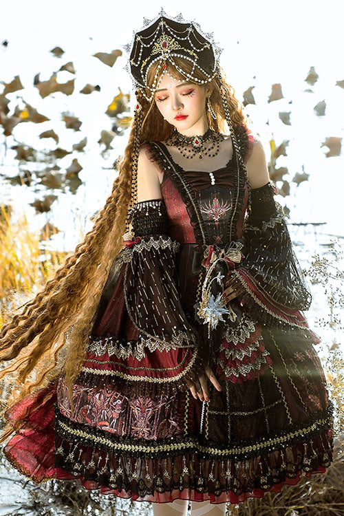 Wine Vintage Hanayome Eye of Red Heart Bowknot Multi-Layer Ruffled Classic Lolita JSK Dress - Product - 3