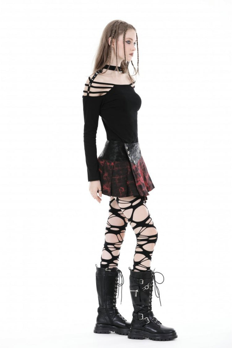 Black Off Shoulder Long Sleeves Cut-Out Buckled Women's Punk Blouse - Product - 14