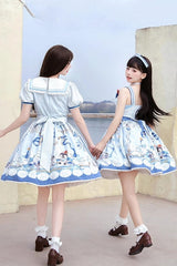 Blue [Penguin Navy] Short Sleeves Print Ruffle Bowknot Sweet Princess Lolita Dress - Product - 4