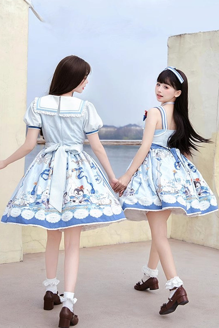 Blue [Penguin Navy] Short Sleeves Print Ruffle Bowknot Sweet Princess Lolita Dress - Product - 4