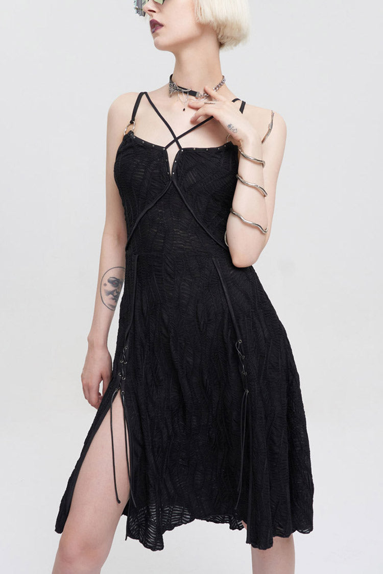 Black Punk Suspenders Slit Hem Wave Stretch Fabrics Women's Dress - Black - 1