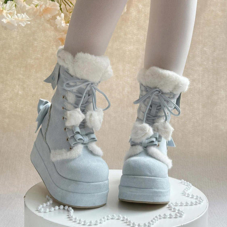 Blue Cute Platform Thick-Soled Bowknot Lace-Up Sweet Lolita Plush Boots - Product - 6