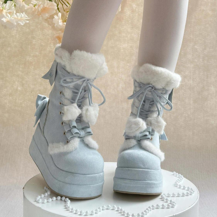 Blue Cute Platform Thick-Soled Bowknot Lace-Up Sweet Lolita Plush Boots - Product - 6