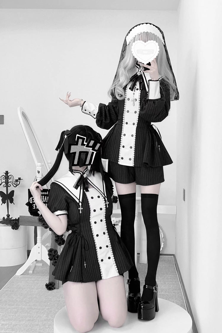 Black/White [Offbeat Confession] Long Short Sleeves Printed Ruffled Bow Gothic Jirai Kei Japanese Dress and Shorts Set - Product - 6