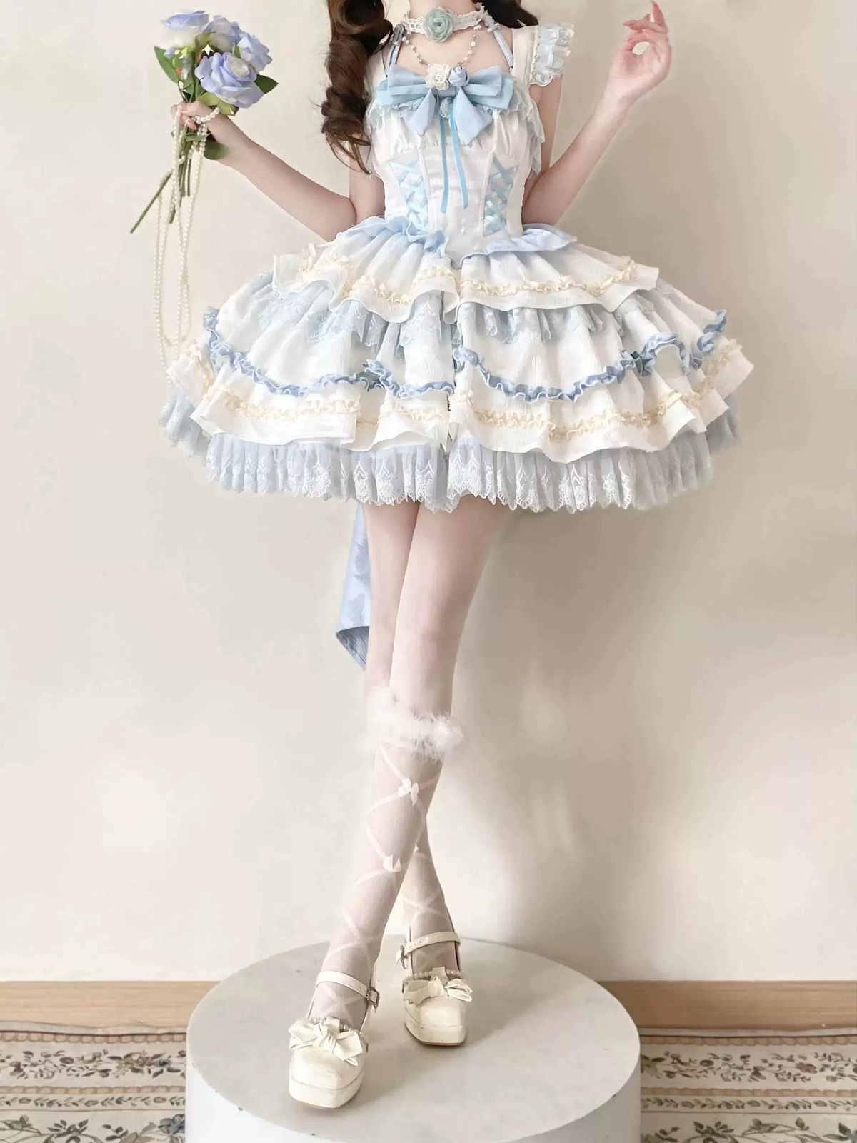 Light Blue and Pink Ruffled Sweet Lolita Dress with Floral Bow Accent - view 4