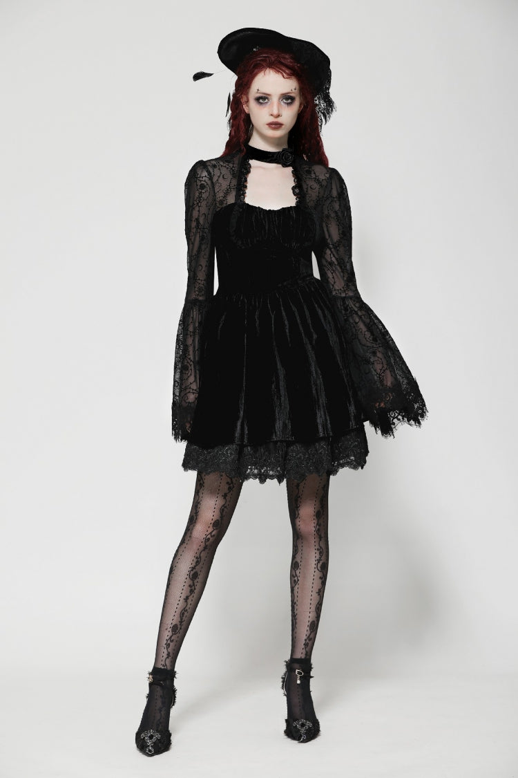 Black Lace Long Trumpet Puff Sleeves Floral Jacquard Cut-Out Lace-Up Women's Gothic Short Dress - Black - 1