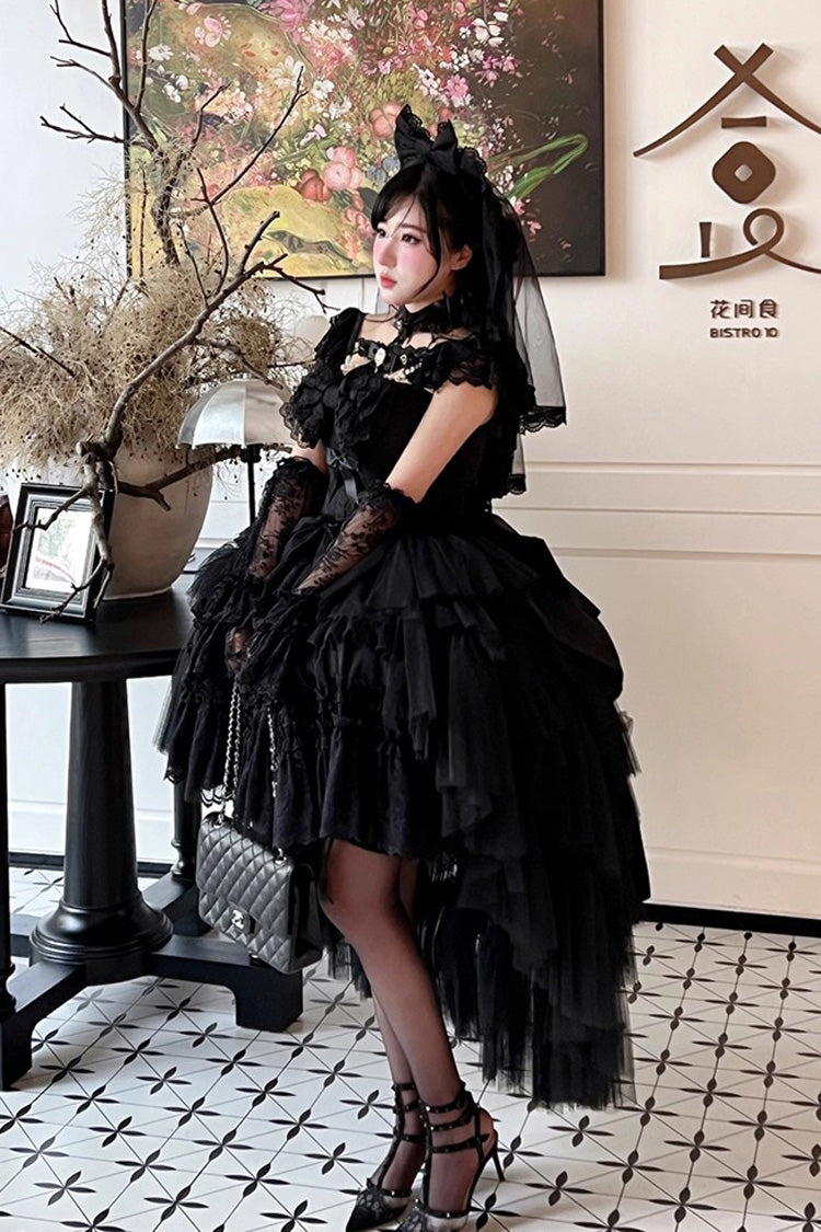 Black [Jewelry Love Story] Halterneck Ruffle Hanayome Bowknot Lace Gothic Lolita Dress - Product - 9