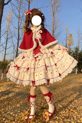 Red/Apricot Triple-Layered Print Ruffle Bowknot Lace Sweet Princess Lolita Dress Cloak Set - Red/Apricot - 1