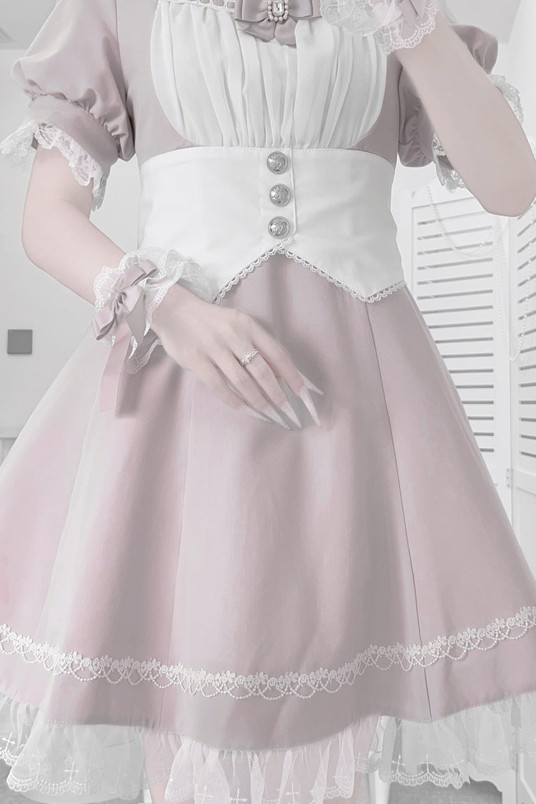 Pink/White Short Sleeves Ruffle Bowknot Cross Waist Maid Sweet Japanese Lolita Dress Set - Product - 3