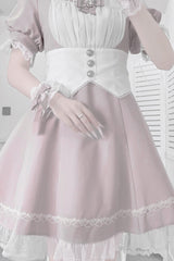 Pink/White Short Sleeves Ruffle Bowknot Cross Waist Maid Sweet Japanese Lolita Dress Set - Product - 3
