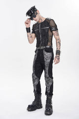 Black Round Collar Long Sleeves Spliced Slim Mesh Studded Eyelet Men's Punk T-Shirt - Product - 9