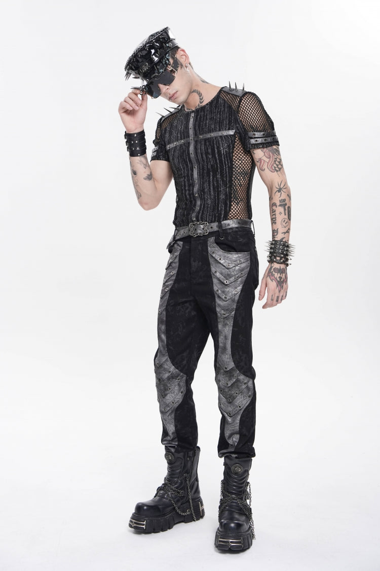 Black Round Collar Long Sleeves Spliced Slim Mesh Studded Eyelet Men's Punk T-Shirt - Product - 9