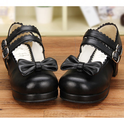 Double Buckle Bowknot Sweet Lolita Shoes - Black - 3