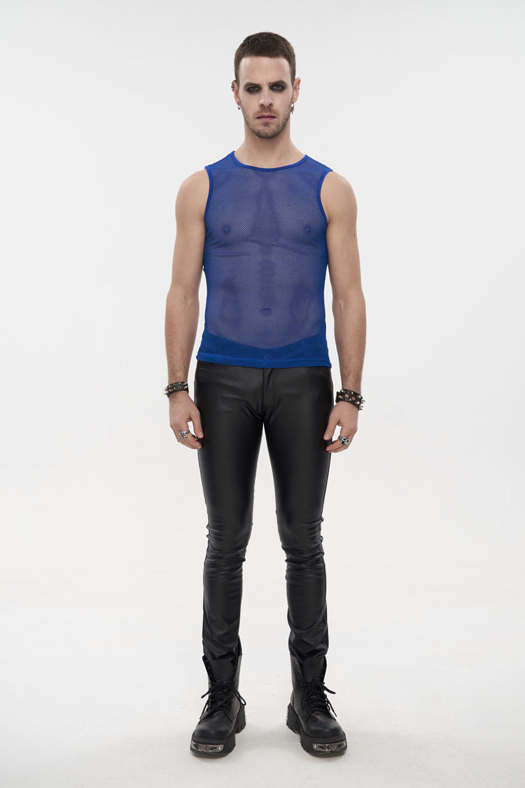 Blue Elasticity Perspective Rhombus Net Yarn Sleeveless Men's Gothic T-Shirt - Product - 3
