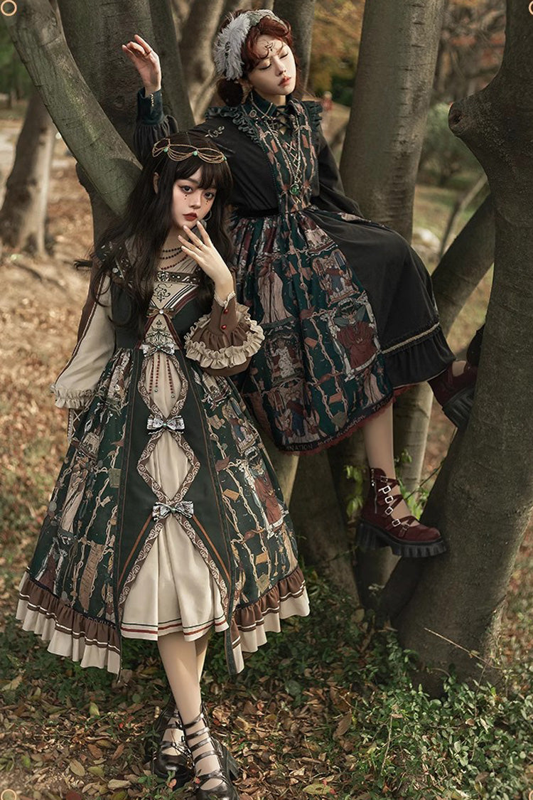 Dark Blue [Tarot] Print Ruffle Bowknot Sweet Elegant Lolita Strap Dress - Product - 5