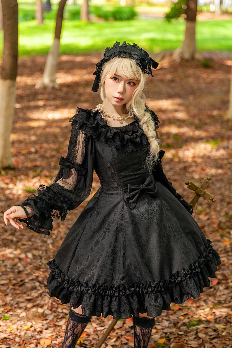 Black [Floral Canon] Round Collar Sleeveless Jacquard Printed Ruffled Bow Gothic Lolita Jsk Dress - Black - 1
