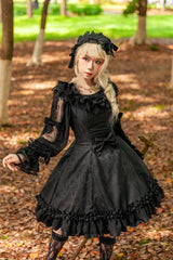 Black [Floral Canon] Round Collar Sleeveless Jacquard Printed Ruffled Bow Gothic Lolita Jsk Dress - Black - 1