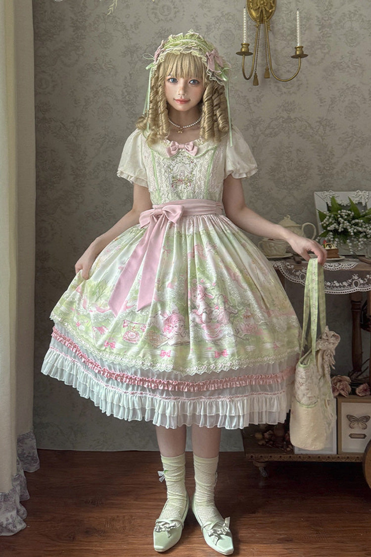 Pink/Green [Bamboo Rabbit] Peter Pan Collar Short Sleeves Printed Ruffled Embroidered Bow Sweet Lolita Dress - Product - 6