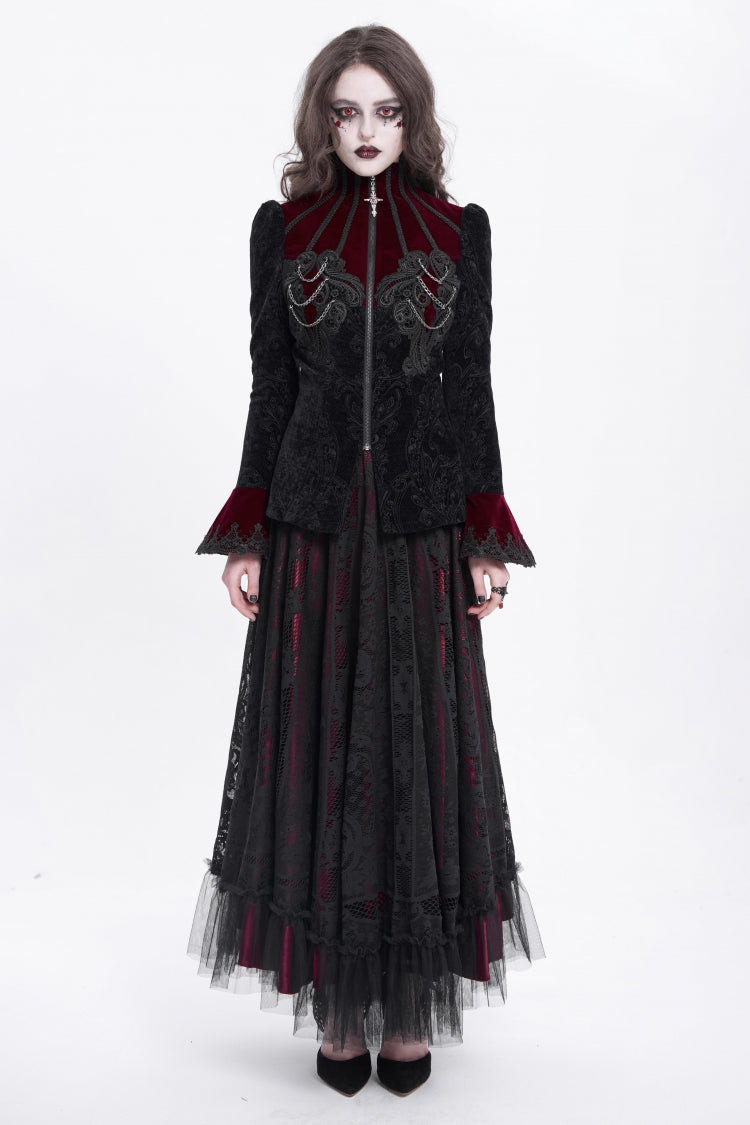 Black/Red Stand Collar Long Trumpet Sleeves Embroidery Women's Gothic Jacket - Product - 5