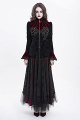 Black/Red Stand Collar Long Trumpet Sleeves Embroidery Women's Gothic Jacket - Product - 5