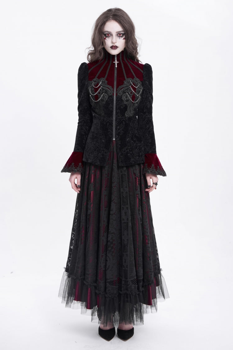 Black/Red Stand Collar Long Trumpet Sleeves Embroidery Women's Gothic Jacket - Product - 5