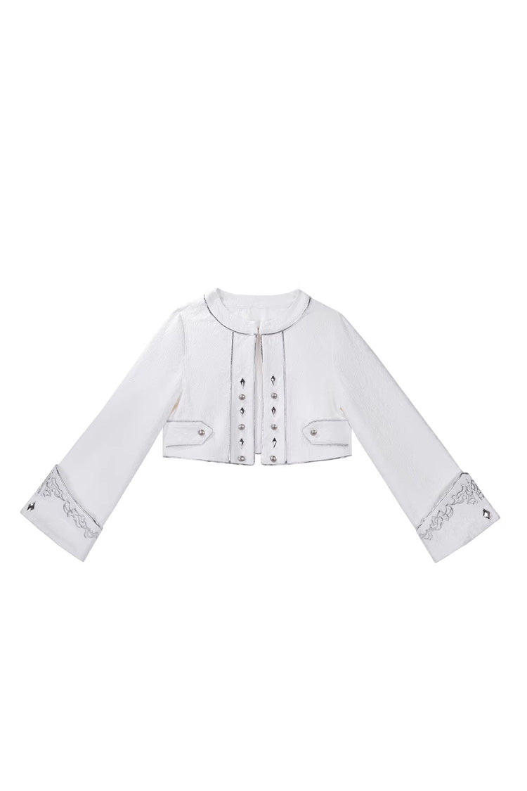 White [Silver-White Sacred Pact] Bow Asymmetric Gothic Prince Palace Ouji Lolita Shorts Coat Four-Piece Set - Coat - 11