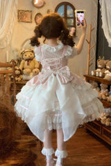 Pink [Snow Kissed Romance] Sleeveless High Waisted Multi-Layered Bowknot Lace Pearl Sweet Ballet Lolita Jsk Dress - Product - 4