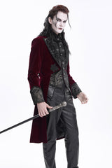 Wine Red Long Sleeves Button Floral Embroidery Men's Gothic Jacket - Product - 5