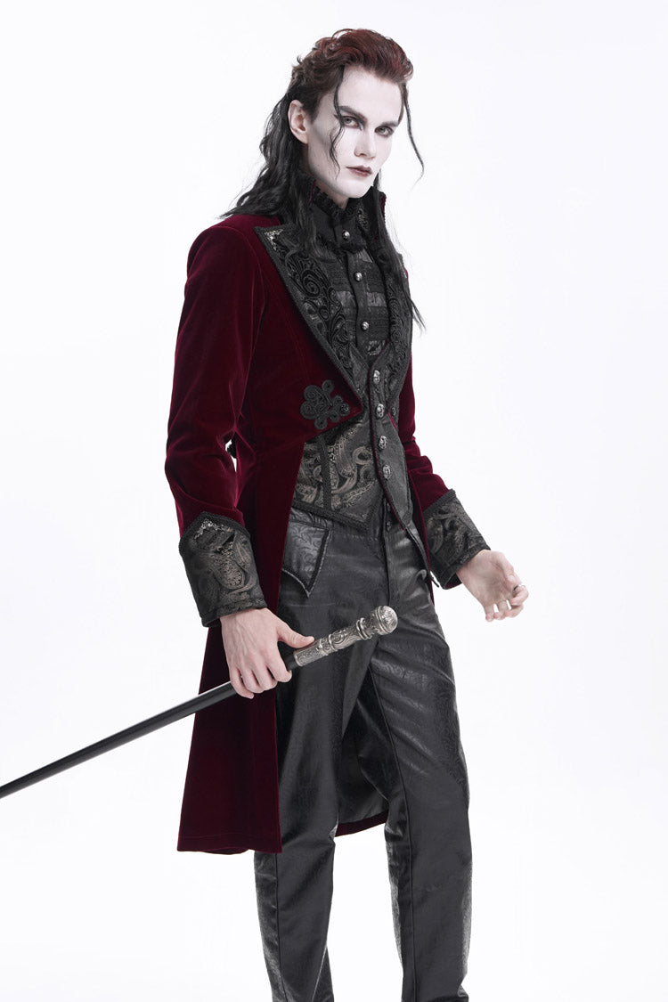 Wine Red Long Sleeves Button Floral Embroidery Men's Gothic Jacket - Product - 5