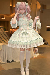 Green [Rain of Peaches] Sleeveless Multi-Layered Bowknot Lace Sweet Chinese Style Lolita Jsk Dress - Product - 6