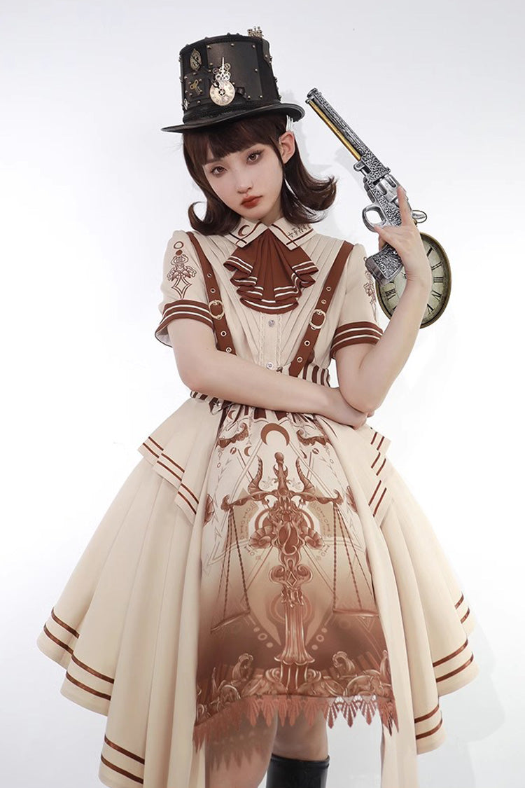Brown Short Sleeves Libra Print Punk Vintage Lolita Dress - Product - 3